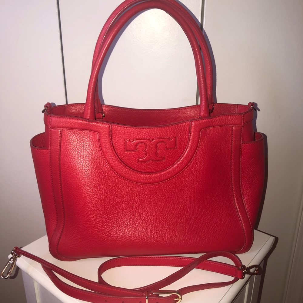Beautiful TRUE RED Tory Burch Triple Compartment Crossbody Tote Bag